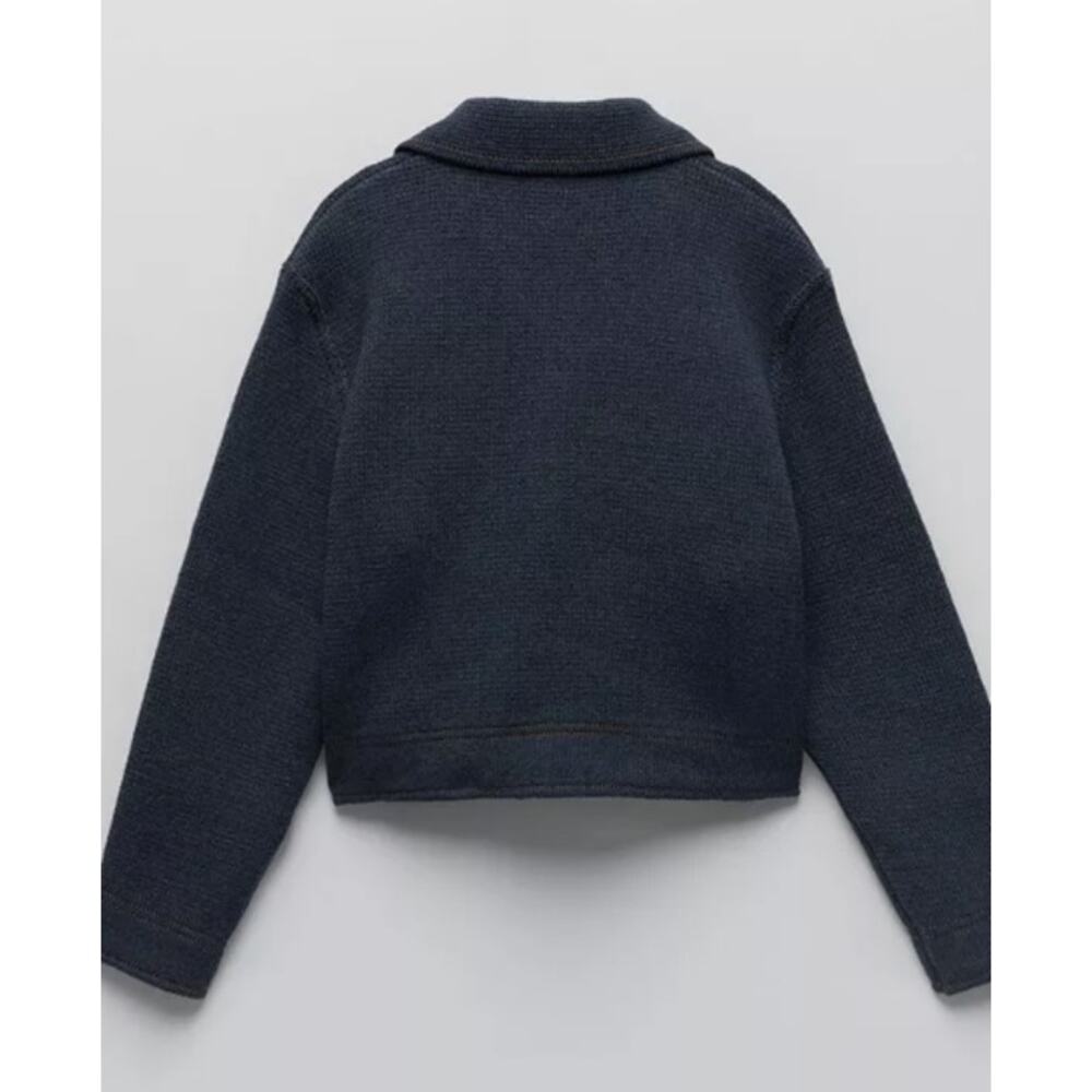 Zara Cropped Knit Chore Jacket Blue Gold Stitching Like Denim Fall Cosy ~ Size L - Picture 10 of 10